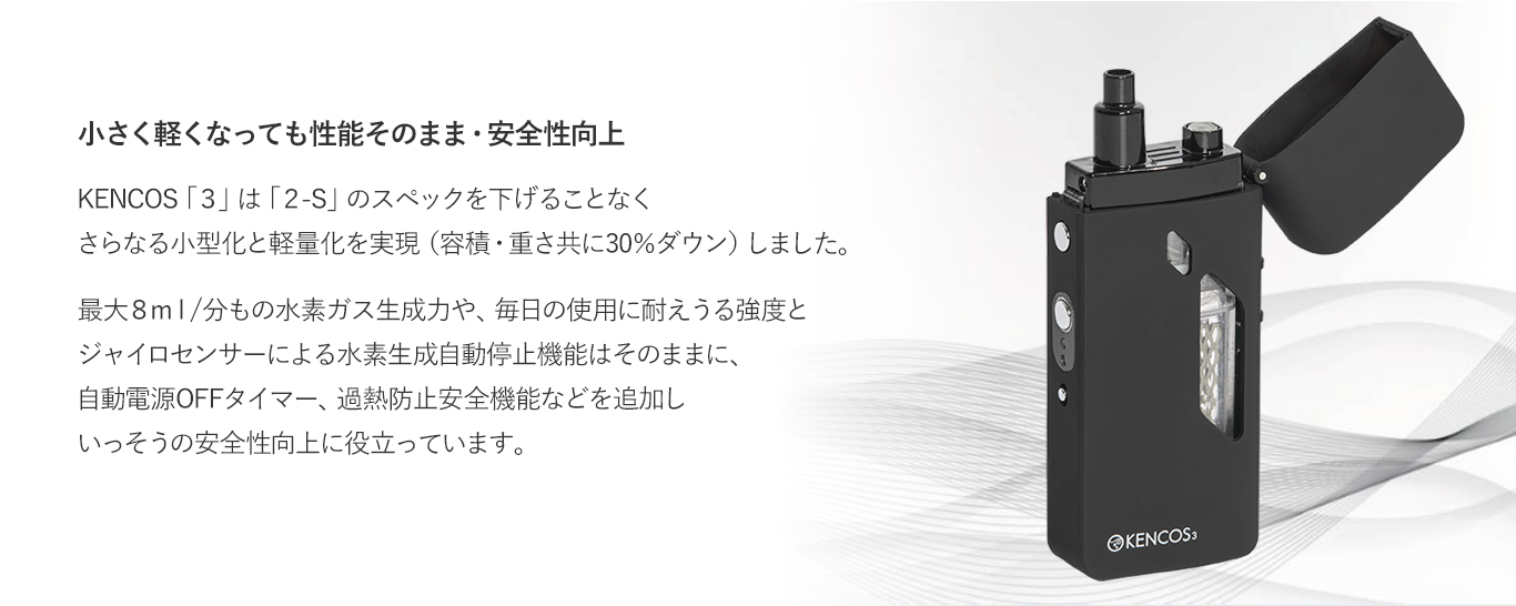 小さく軽くなっても性能そのまま、安全性向上。KENCOS3はKENCOS2-Sのスペックを下げることなくさらなる小型化と軽量化を実現（容積・重さ共に30％ダウン）しました。最大8ml/分もの水素ガス生成力や、毎日の使用に耐えうる強度と水素発生自動停止ジャイロセンサー装備はそのままに、自動電源OFF機能、過熱防止安全機能などを新たに追加しいっそうの安全性向上に役立っています